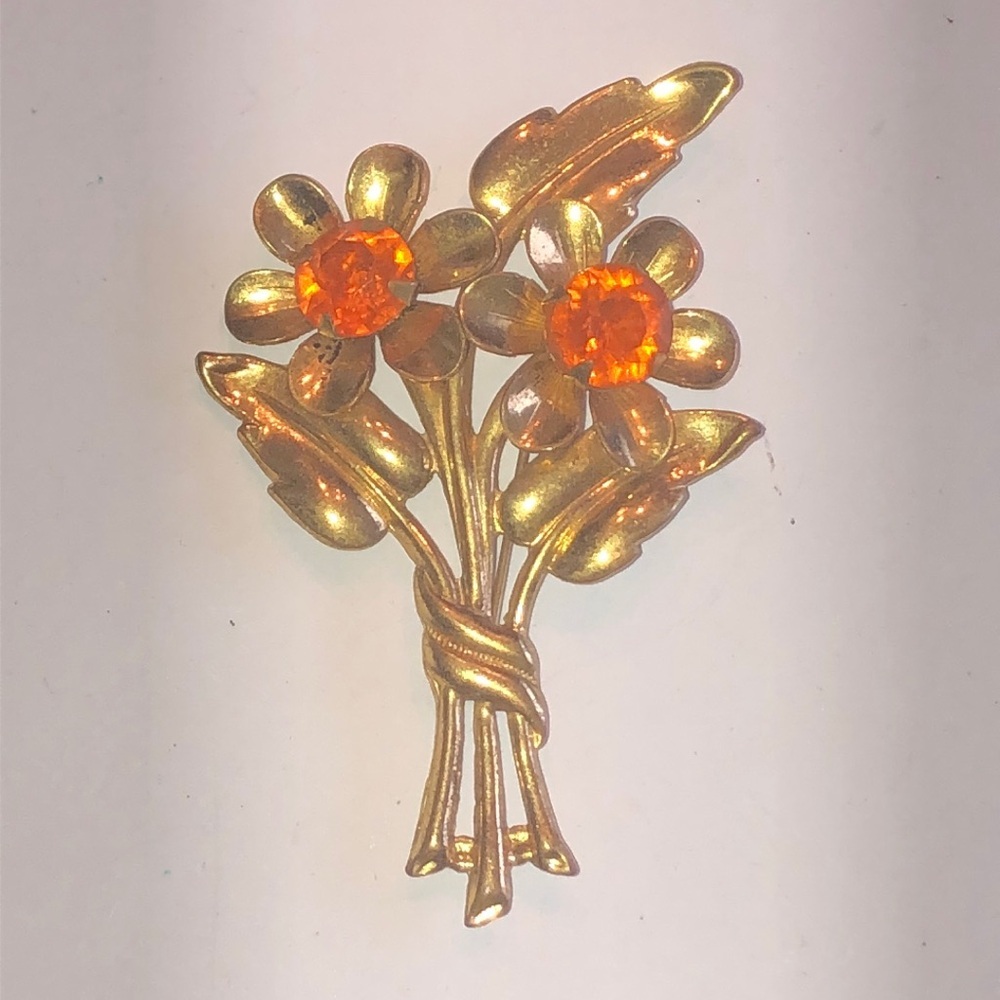 Vintage Gold Tone and Orange Floral Boho Brooch